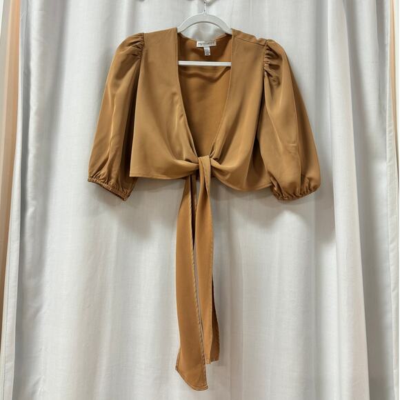Pretty Lavish Jamie Crop Tie Knot Blouse & Wide Leg Trouser Pants Set Tan US 4 - Picture 5 of 15
